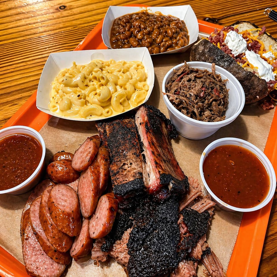 A barbecue platter with ribs, sausage, brisket, mac and cheese, baked beans, and a loaded baked potato.